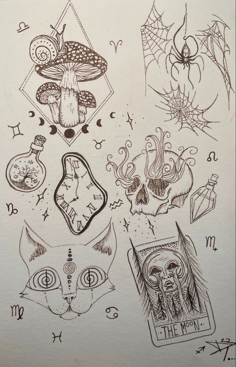 Weird Mushroom Art, Weird Tattoos Creepy, Mushroom Spider Tattoo, Tattoo Art Sketches, Weird Patchwork Tattoos, Cool Weird Tattoos, Cat Tattoo Patchwork, Creepy Patchwork Tattoo, Pumpkin Mushroom Tattoo