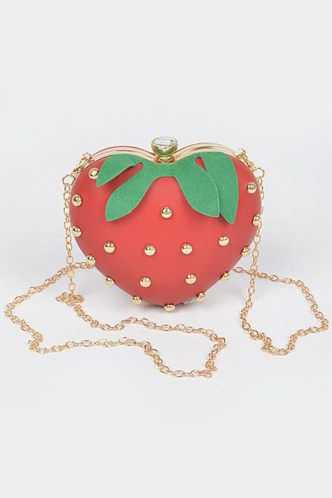 Crab Clutch/Crossbody Bag Red Bag w/ Gold Studs Gold Chain & Hardware Chain Is Removable Latch Closure 5"w x 5"h x 1.5"d Polyurethane Strawberry Fashion, Strawberry Accessories, Strawberry Purse, Strawberry Stuff, Strawberry Bag, Strawberry Things, Strawberry Hearts, Strawberry Wine, Dress Design Drawing