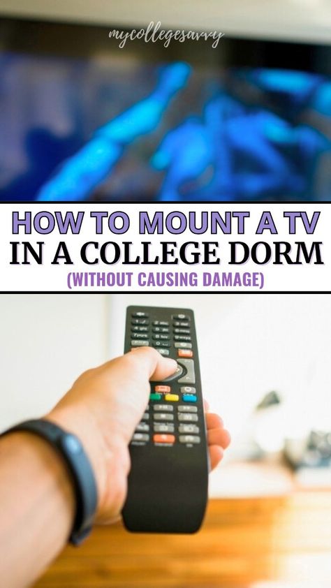 Wondering how to mount a TV in a dorm room? Here are 4 easy methods for getting your TV hung up in your college dorm without causing any damage. Tv In Dorm Room, Tv In Dorm, Dorm Tv, Mounting A Tv, Tv Set Up, College Dorm Checklist, College Dorm Organization, Dorm Checklist, Tv Mounted