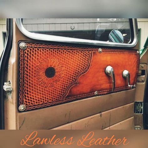 Truck interior door panels in tooled leather Tooled Leather Car Interior, Leather Truck Accessories, Tooled Leather Truck Interior, Classic Truck Interior, Western Truck Interior Ideas, Leather Truck Interior, Western Truck Interior, Custom Truck Interior, Diy Truck Interior