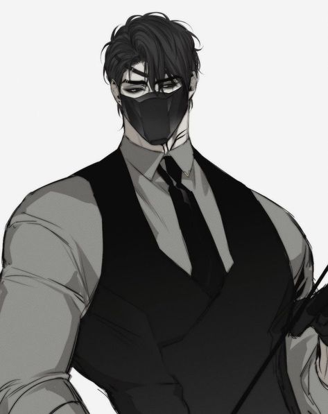 Hot Anime Guy Art Manhwa, Man Pfp Anime, Masked Anime Guy, Guy In Suit Drawing, Masked Oc Art, Handsome Anime Men, Fanart Male, Face Mask Drawing, Dark Anime Guys