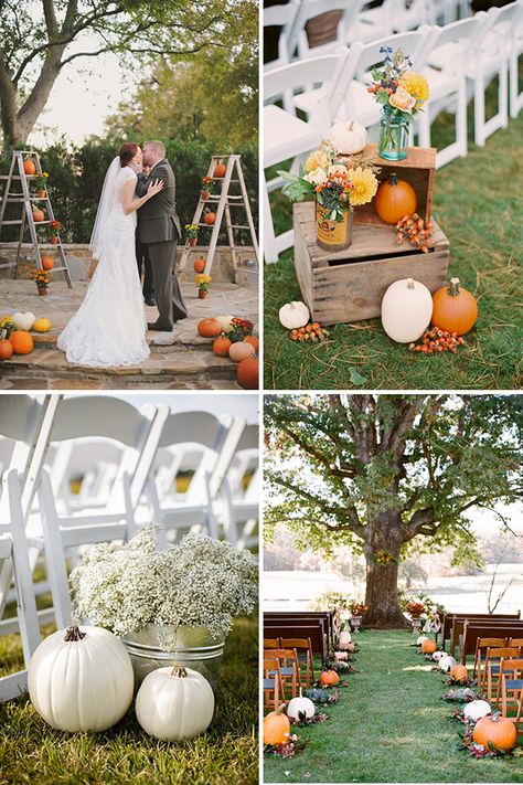 Pumpkins for your wedding ceremony | Chic pumpkin wedding decor ideas | see them all on www.onefabday.com Pumpkin Ceremony Aisle, Mini Pumpkin Wedding Decor, Mum Flowers Wedding Decor, Wedding With Pumpkins Decorating Ideas, Small Backyard Fall Wedding Ideas, Simple Fall Wedding Ceremony Decor, Simple Fall Isle Wedding Decor, Fall Wedding Alter Ideas, Pumpkin Wedding Isles Decoration