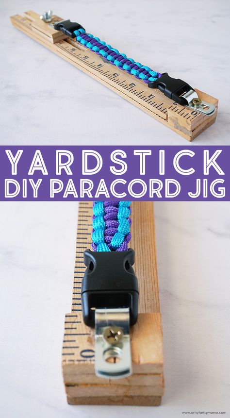 DIY Yardstick Paracord Jig #diy #paracord #paracordbracelet #paracordjig #teencrafts #kidscrafts #woodcrafts #woodworking Diy Paracord Jig, Paracord Jig, Paracord Projects Diy, Paracord Bracelet Patterns, Paracord Bracelet Tutorial, Paracord Braids, Diy Dog Collar, Rope Projects, Paracord Bracelet Diy