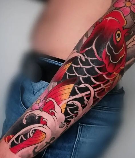 Koi Japanese Tattoo, Koi Fish Forearm Tattoo, Colored Koi Fish Tattoo, Koi Fish And Dragon Tattoo, Koi Fish Tattoo Design, Koi Fish Tattoo Design Colored, Traditional Japanese Koi Fish Tattoo, Koi Fish Tattoo Forearm, Japanese Forearm Tattoo