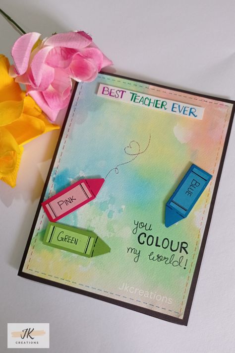 Best teacher ever card | handmade teacher day card Teachers Painting Ideas, Cute Birthday Card Ideas For Teachers, Unique Teacher Day Card, Card For Hindi Teacher, Teachers Day Card For Art Teacher, Birthday Card For A Teacher, Cute Teachers Day Card Ideas, Watercolor Teacher Card, Diy Teachers Day Card Ideas Easy