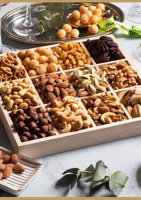 Nuts Gift Basket — Best Christmas Holiday Gifts-Christmas Gift Basket Holiday Nuts in Reusable Wooden Tray + Green Ribbon — 12 Assortments  #Nuts #Gift #Basket #Best #Christmas #Holiday #Gifts Snacks For Home, Chocolate Hamper Basket, Uses For Pickle Juice, Edible Gift Baskets, Pickle Juice Uses, Nut Gift Basket, Snack Gift Baskets, Healthy Birthday, Fruit Hampers