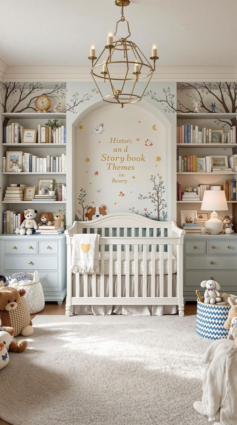 vintage inspired nursery Bible Story Nursery, Aesthetic Winnie The Pooh Nursery, Baby Girl Nursery Whimsical, Nursery With Built Ins, Peter Rabbit Nursery Theme, Vintage Disneyland Nursery, Library Themed Nursery, Vintage Disney Nursery Ideas, Cottage Nursery Boy