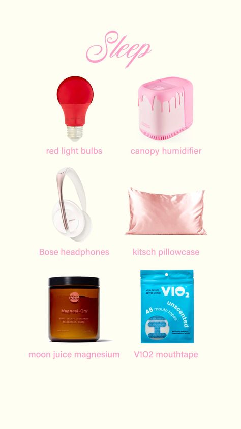 sleep essentials Sleeping Pack Skin Care, Sleep Skincare, Pink Noise Sleep, Pique Tea, Sleep Essentials, Red Light Bulbs, Pink Silk Sleep Mask, Branch Basics, Sleep Hygiene