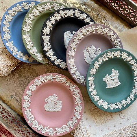 Wedgewood Jasperware Minature Plates ~ Pink, Teal, Lilac, Black, Sage, Wedgewood Blue Wedgewood Jasperware, Thrift Wishlist, House Of Gold, Wedgwood Pottery, Wedgewood Blue, Black Sage, Miniature Plates, Grand Millennial, Rome Antique