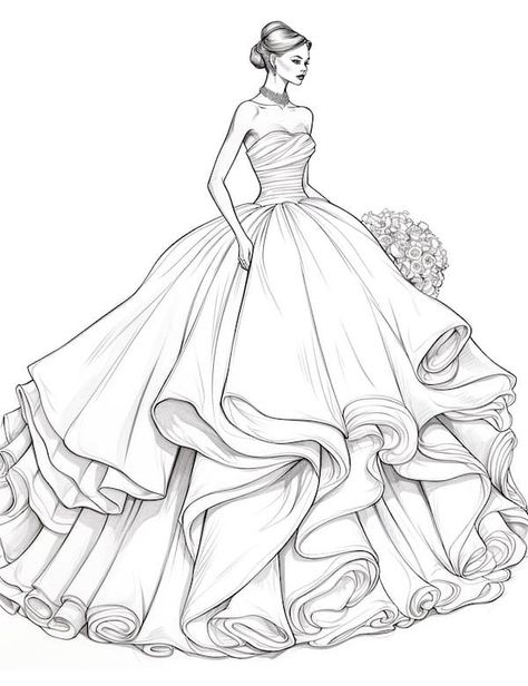 Princess Dress Drawing, Baju Kahwin, Gown Drawing, Fashion Coloring Book, Fashion Illustration Collage, Fashion Drawing Sketches, Fashion Illustrations Techniques, Fashion Design Sketch, Fashion Drawing Tutorial