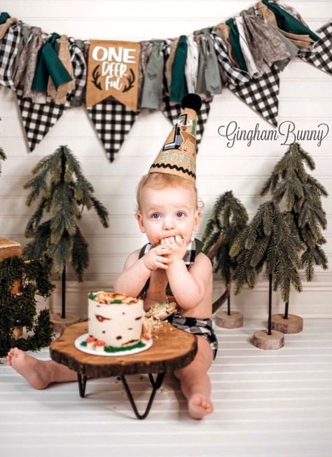 Oh Deer One Year Birthday, Deer 1st Birthday Boys, Camping Smash Cake, Hunting Smash Cake, Deer Hunting First Birthday Party, The Big One Hunting Birthday, Hunting 1st Birthday Boys, The Big One Hunting First Birthday, Deer First Birthday Boy