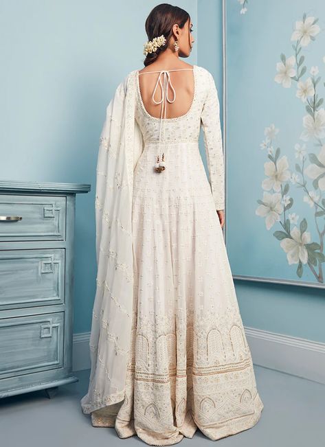 White Anarkali Dress, Asian Fits, White Anarkali Suits, Off White Anarkali, Indian Suits For Women, Anarkali Suits Designer, White Anarkali, Bandhani Dress, Embroidered Anarkali