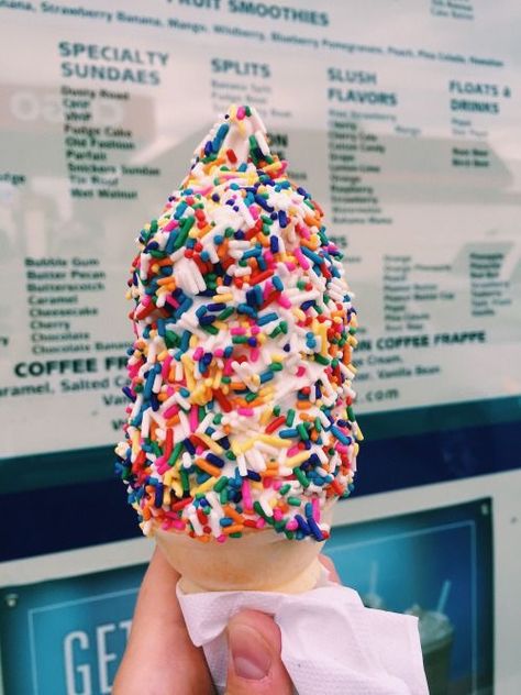 Pinterest// GlitzyTexan Rainbow Sprinkles, An Ice Cream, Ice Cream Cone, Sprinkles, Vanilla, Ice Cream, Rainbow, Cream