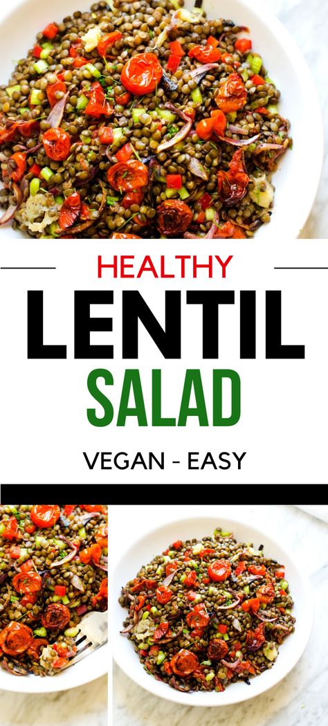 This healthy lentil salad is made with sweet roasted tomatoes which are perfectly balanced with roasted garlic and onions. With crunchy celery and sweet red pepper, this salad is tossed in a simple lemon vinaigrette with just a subtle hint of heat.   The perfect salad for meal prep!  #wendypolisi #lentils #vegan #easyrecipe #lentilsalad #mealprep #healthy Recipes With Green Lentils, Lentil Salad Recipes Cold, Mediterranean Lunches, Red Lentil Salad, Lentil Salad Vegan, Green Lentil Salad, Veggie Salads, Tomato Lentils, Lentil Salad Recipes