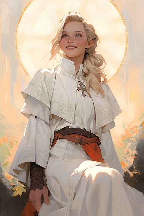 Blonde Aasimar, Dnd Aasimar Female Cleric, Grave Cleric Dnd Female, Light Domain Cleric Dnd, Light Cleric Female, Half Elf Cleric Female Dnd, Human Cleric Dnd Female, Cleric Dnd Outfit, Female Cleric Art