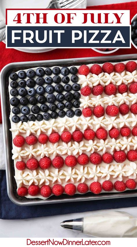 This patriotic 4th of July Fruit Pizza resembles the American Flag with a brownie on bottom and whipped cream cheese frosting on top, using blueberries, raspberries, and extra frosting for the stars and stripes. It's a festive and delicious red white and blue dessert. Patriotic Brownies Red White Blue, 4th Of July Brownies Red White Blue, Red White Blue Fruit Pizza, 4th Of July Dessert Pizza, Red White And Blue Fruit Pizza, Fruit Pizza Flag, Brownie Pizza Dessert, 4th Of July Pizza, Brownie Fruit Pizza