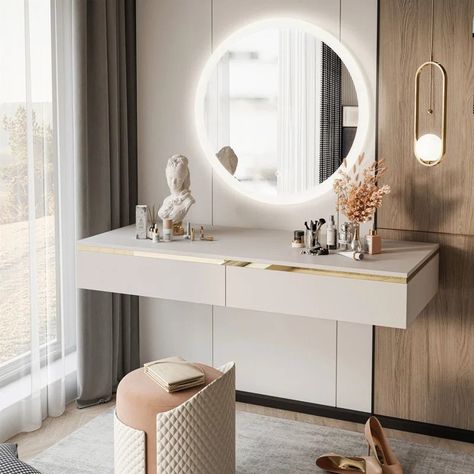 Dressing Table Inspiration, Wall Mounted Dressing Table, Wall Dressing Table, Dressing Table Modern, Mid Century Modern Vanity, Dressing Table Decor, Dressing Table With Drawers, Dressing Room Decor, Dressing Table Storage