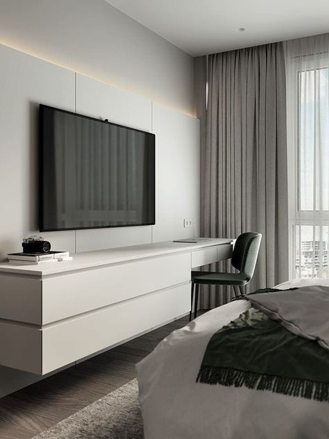 Tv Wall For Bedroom, Tv On Wall Bedroom, Tv In Room Bedroom, Media Bedroom, Bedroom Wall Tv, Bedroom Tv Wall Design, Tv Bedroom Ideas, Bedroom With Tv, Tv On Wall