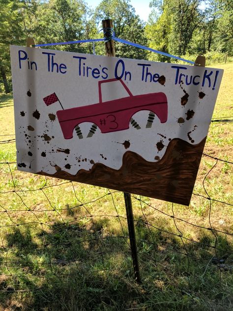 Atv Birthday Party Games, Semi Truck Birthday Party Games, Pin The Wheel On The Monster Truck, Monster Jam Birthday Party Ideas Diy, 4x4 Birthday Party Ideas, Monster Truck Birthday Party Ideas Games, Monster Truck Birthday Party Games, Diy Monster Jam Birthday Party, Off Road Birthday Party Ideas