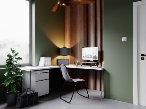 green home office | Interior Design Ideas Green Home Offices, Traditional Home Offices, Green Room Decor, Interior Kantor, Comfortable Workspace, Home Office Colors, Wood Slat Wall, Workspace Design, Home Office Space