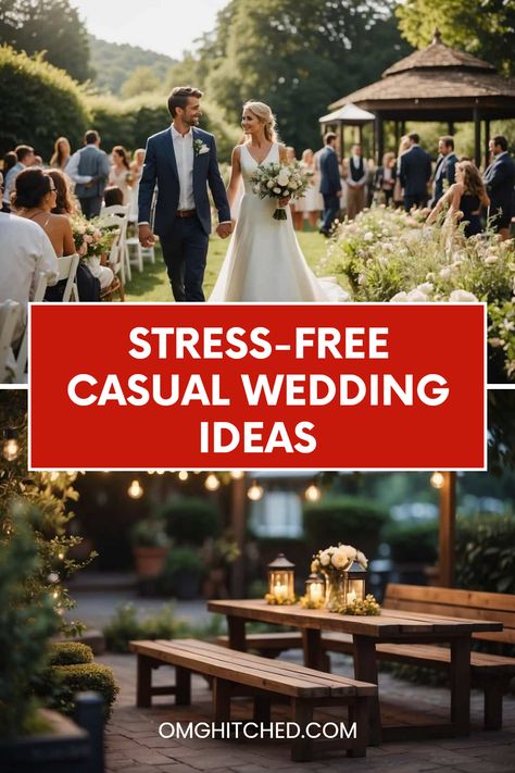 Planning a casual wedding can be so much fun! Imagine a beautiful outdoor setting, where you and your guests can relax and enjoy the moment. Our tips help you create a laid-back celebration filled with memorable touches. Think cozy gatherings under string lights, vibrant flowers near your charming gazebo, and everyone just having a good time. Let us guide you on how to plan your dream day without worrying. Save this pin for a worry-free wedding and check out our blog for simple ideas that make big magic! Casual Wedding Set Up, Wedding Ideas On A Budget Summer, Simple Small Outdoor Wedding, Simple 2nd Wedding Ideas, Easy Outdoor Wedding Ideas, Wedding In Backyard Ideas, Boho Budget Wedding, Weddings Over 40, Fun Non Traditional Wedding Ideas