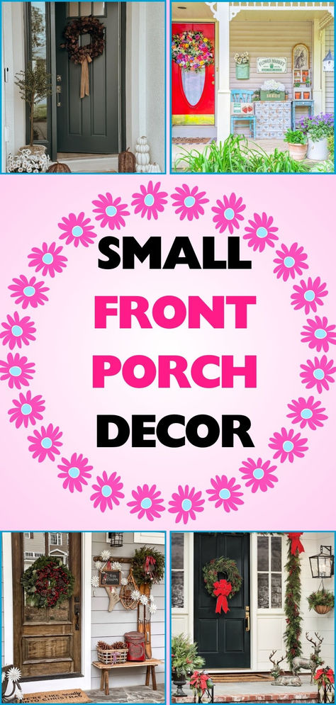 Discover stylish small front porch decor inspirations to elevate your home’s curb appeal with charm, functionality, and personality. Perfect ideas for any style. Small Front Porch Decor, Discover Aesthetic, Front Porch Decor Ideas, Brick Pathway, Pumpkin Planter, Small Front Porch, Fairy Lights Bedroom, Yellow Doors, Pink Door