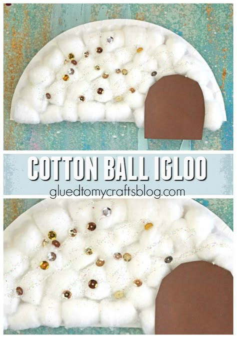 Cotton Ball Igloo - Kid Craft Idea - perfect for winter studies!!! Cotton Ball Igloo, Igloo Craft, January Craft, Winter Animal Crafts, Winter Crafts For Toddlers, Winter Crafts Preschool, January Crafts, December Crafts, Winter Classroom