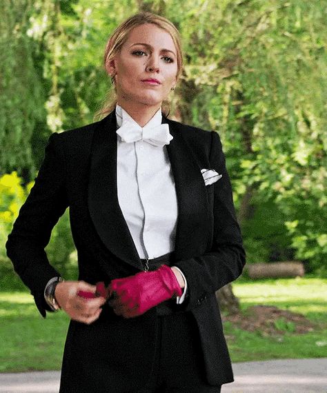 A Simple Favor Outfits, Rich Lawyer Aesthetic, Blake Lively A Simple Favor, Women Tuxedo Outfit, A Simple Favor, Simple Favor, Navy Pinstripe Suit, Long Suit Jacket, Bright Blue Dresses