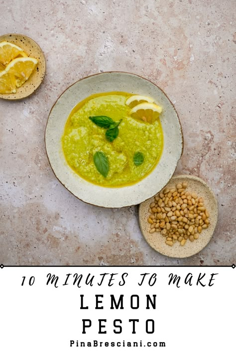 Lemon Pesto in a bowl. Lemon Peel Pesto, Lemon Pesto Recipe, Trader Joes Lemon Pesto, Lemon Pesto Trader Joes, Home Made Pesto Recipe, Lemon Pesto Sauce, Pesto Genovese Recipe, Lemon Pesto Pasta, Pesto Uses