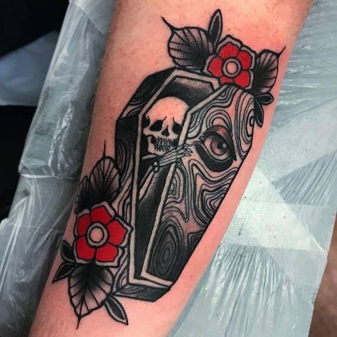 Coffin Tattoo Traditional, Coffin Tattoo Ideas, Traditional Tattoos Ideas, Traditional Coffin Tattoo, Traditional Tattoo Coffin, Coffin Tattoo Design, Coffin Tattoo, Traditional Tattoo Inspiration, Traditional Tattoo Designs