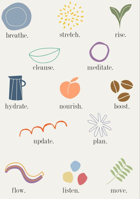 Mind Body Soul Illustration, Morning Routine Holistic, Mindfulness Lifestyle Aesthetic, Morning Routine Template Aesthetic, Wellness Motivation Aesthetic, Mindful Words, Minimalist Morning Routine, Vision Board Morning Routine, Morning Mindfulness Aesthetic