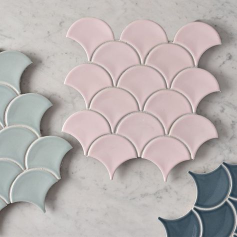 They are live !!! Fish scales in pink, cement green and blue. Pre order today for delivery in November.  #fishscaletiles #fishscale #gonefishing #mermaidtiles Pink Fish Scale Tile, Tile Cloud, Fish Scale Tiles, Scale Tile, Green Subway Tile, Fish Scale Tile, Bathroom Gallery, Pink Fish, Concrete Look Tile