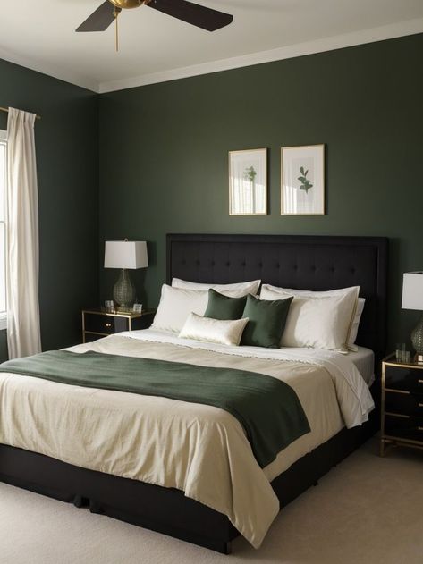 Black And Green And White Bedroom, Bedroom Inspirations Forest Green, Black White And Forest Green Bedroom, Black White And Hunter Green Bedroom, Black Room With Green Accents, White Bedroom With Dark Green Accents, Bed Back Wall Painting Design, Green Room Black Furniture, Black Headboard Green Bedding