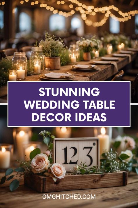 Ready to make your wedding reception unforgettable? Here are 9 simple and beautiful wedding table decor ideas that are sure to impress your guests! Picture rustic charm with burlap runners, mason jar centerpieces filled with wildflowers, and soft glowing fairy lights. Discover how to add touch with easy floral arrangements and creative table numbers. From cozy wooden accents to romantic candlelight, these tips will make your special day even more magical. Start planning your dream wedding today! Floral Wedding Table Decorations, Wedding Decor Table Ideas Rustic, Mix Match Table Setting Wedding, Country Farmhouse Wedding Table Decor, Farm Table Decor Ideas, Fairy Lights Wedding Table, Inexpensive Wedding Table Decorations, Bridal Shower Table Settings Ideas, Rustic Wedding Table Setting Ideas