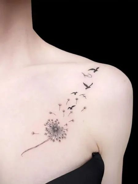 Dandelion Tattoo On Forearm, Bird Tattoo Collarbone, Dandelion Bird Tattoos, Tattoo Design With Meaning, Couple Tattoo Design, Dandelion Tattoo Meaning, Bird Tattoo Design, Swan Couple, Simple Bird Tattoo