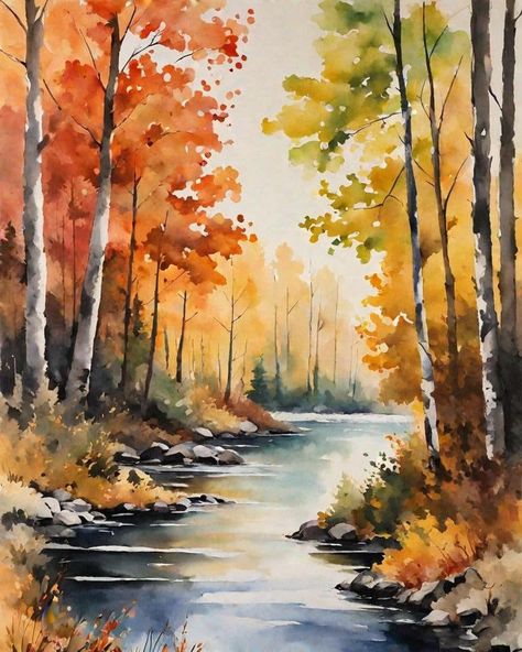 Watercolor Autumn Painting, Autumn Artwork, Fall Landscapes Watercolor, Autumn Landscape Painting, Autumn Watercolor Paintings, Fall Watercolor Art, Autumn Watercolor, Autumn Trees Watercolor, Autumn Forest Watercolor