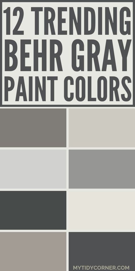 Top gray paint colors by Behr. Platinum Grey Behr Paint, Best Warm Grey Paint Colors Behr, Farmhouse Living Room Paint Colors Behr, Behr Paint Swatches, Behr Iron Mountain Paint, Gray Colors For Living Room Walls, Blue Grey Paint Color Behr, Behr Toasty Gray Coordinating Colors, Glidden Paint Colors Grey