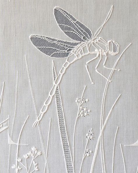 Embroiderers' Guild on Instagram: "This fine whitework embroidered dragonfly is the work of embroidery artist Françoise Macaire. The texture in this piece comes from some lovely drawn thread and pulled thread work in the wings and on some of the blades of grass. #favourites #insects #dragonfly #whitework" Dragonfly Embroidery Design, Embroidered Dragonfly, Denim Embroidery, Fabric Embellishment, Sashiko Embroidery, Cutwork Embroidery, Drawn Thread, Stitch Art, Sewing Embroidery Designs