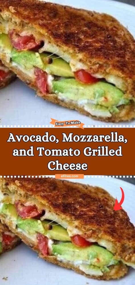 Elevate your grilled cheese game with the Avocado, Mozzarella, and Tomato Grilled Cheese, a gourmet twist on the classic sandwich. Creamy avocado, fresh tomato, and melty mozzarella come together between slices of golden, crispy bread, creating a sandwich that's bursting with flavor and texture. It's a sophisticated take on comfort food that's sure to delight your taste buds. #GourmetGrilledCheese #AvocadoLove #ComfortFoodElevated Tomato Grilled Cheese, Mozzarella And Tomato, Mozzarella Tomato, Mozzarella Sandwich, Sandwhich Recipes, Gourmet Grilled Cheese, Sandwich Fillings, Grilled Cheese Recipes, Grilled Sandwich