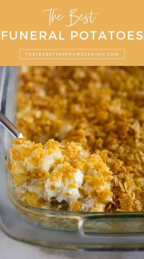 Image of easy, cheesy Funeral Potatoes made with hash browns, perfect for a crowd or holiday gatherings. Sunday Side Dishes, Cheese Potato Casserole, Potatoe Recipes, Cheesy Potato Casserole, Frozen Potatoes, Sunday Dinners, Hashbrown Recipes, Cheese Potatoes, Pan Meals