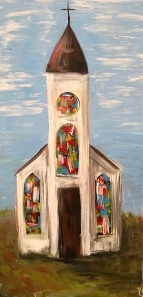 Fall Chapel Painting, Paintings Of Churches On Canvas, Catholic Painting Ideas, Church Painting On Canvas, Chapel Painting, Cross Art Painting, Painted Churches, Church Painting, Rustic Painting