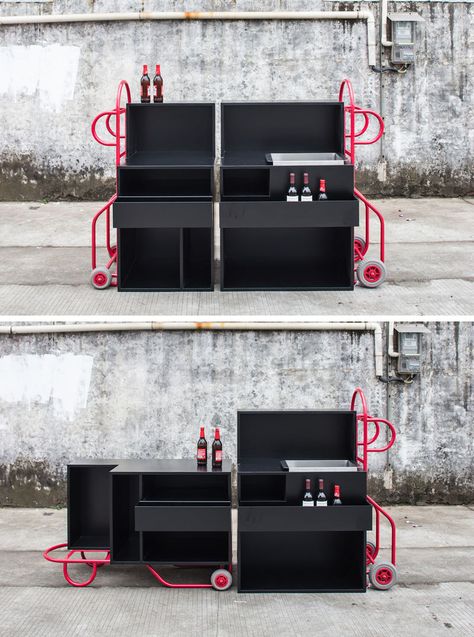 These modern black furniture pieces can be placed beside each other to create an elongated space used for various tasks, such as a wine bar. Modern Black Furniture, Movable Furniture, Mobile Furniture, Portable Furniture, Mobile Workshop, Portable Bar, Multipurpose Furniture, Cornell University, Urban Furniture