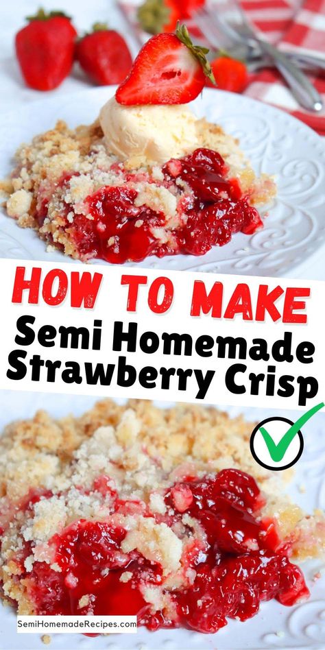 This perfectly simple Semi Homemade Strawberry Crisp is made with canned strawberry pie filling, an easy cake mix crumble topping, sugar and butter! Things To Make With Strawberry Pie Filling, Yellow Cake Mix And Strawberry Pie Filling, Recipe Using Strawberry Pie Filling, What Can I Make With Strawberry Pie Filling, What To Do With Strawberry Pie Filling, Recipes Using Can Strawberry Pie Filling, Dessert With Strawberry Pie Filling, Can Pie Filling Recipes Ideas, Strawberry Filling Desserts