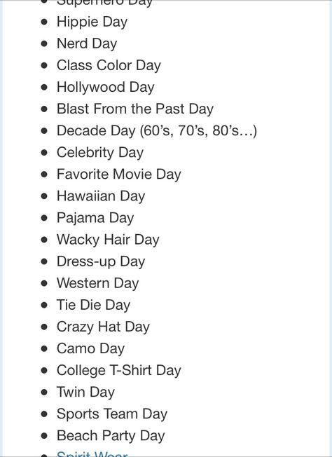 Spirit Day Ideas Highschool, Spirt Week Ideas High School, Dress Up Ideas For Spirit Week, Student Council Ideas Activities, Hoco Dress Up Days, Homecoming Dress Up Days Spirit Weeks, Homecoming Themes Spirit Weeks, Dress Up Days Ideas, Hoco Dress Up Days Ideas