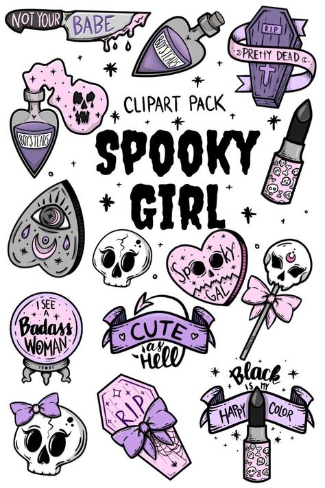 Pastel Goth Flash Tattoo, Pastel Goth Clipart, Pastel Goth Doodles, Simple Goth Doodles, Cute Goth Drawings, Skull With Bow Tattoo, Pastel Goth Aesthetic Art, Girly Goth Tattoo, Kawaii Goth Tattoo