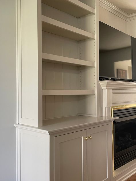 Grey Built In Bookshelves, Diy Built In Bookshelves, Pine Built In Bookshelves, Dark Gray Built In Bookshelves, Dark Grey Built In Bookcase, Stained Wood Built In Bookshelves, Dark Wood Furniture, Office Cabinets, Tv Cabinets