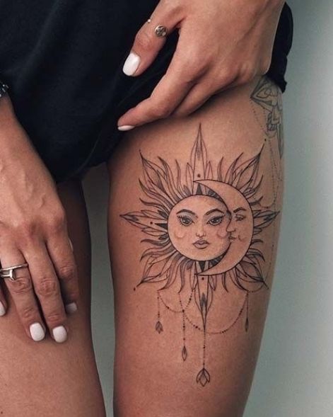 Thigh Tattoo Ideas, Small Thigh Tattoos, Upper Thigh Tattoos, Girls Tattoos, Hip Thigh Tattoos, Moon Tattoo Designs, Best Tattoos For Women, Thigh Tattoos, Leg Tattoos Women