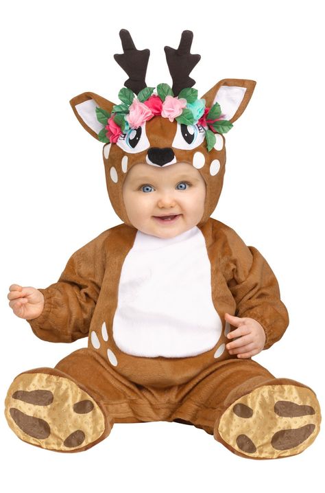 Oh dear! You've never seen a deer so cute as this Oh Deer! Toddler Costume! This precious little costume features a brown footed jumpsuit and deer character hood with beautiful accent roses for a fairy tale look. Now you can run off and play with all Funny Toddler Costumes, Baby Deer Costume, Reindeer Costume, Animal Halloween Costumes, Deer Costume, Baby Kostüm, Deer Baby, Baby Costume