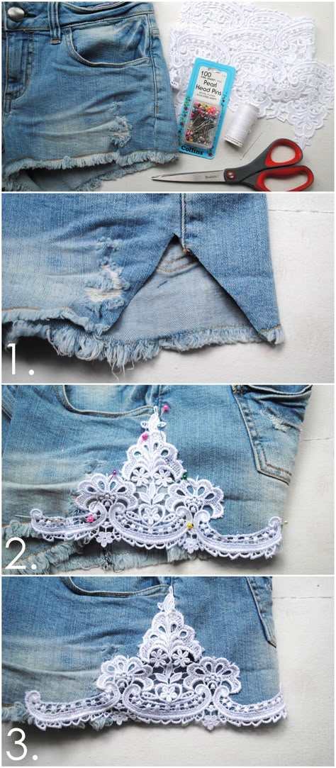 Add lace to shorts - I should do this with the jeans I ripped! Things To Do With Old Jeans, Jean Diy, Diy Sy, Shorts Diy, Diy Jeans, Diy Shorts, Diy Vetement, Costura Diy, Lace Cutout