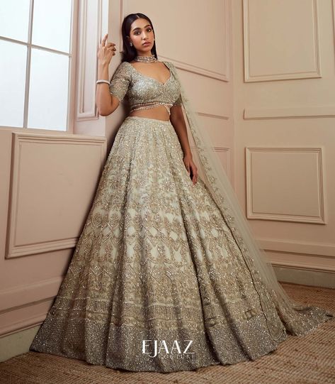 Ejaazcouture Lehenga, Deep Neck Blouse, Ejaaz Couture, Grey Lehenga, Latest Bridal Lehenga Designs, Heavy Lehenga, Bridal Lehenga Designs, Latest Bridal Lehenga, Bridesmaid Saree